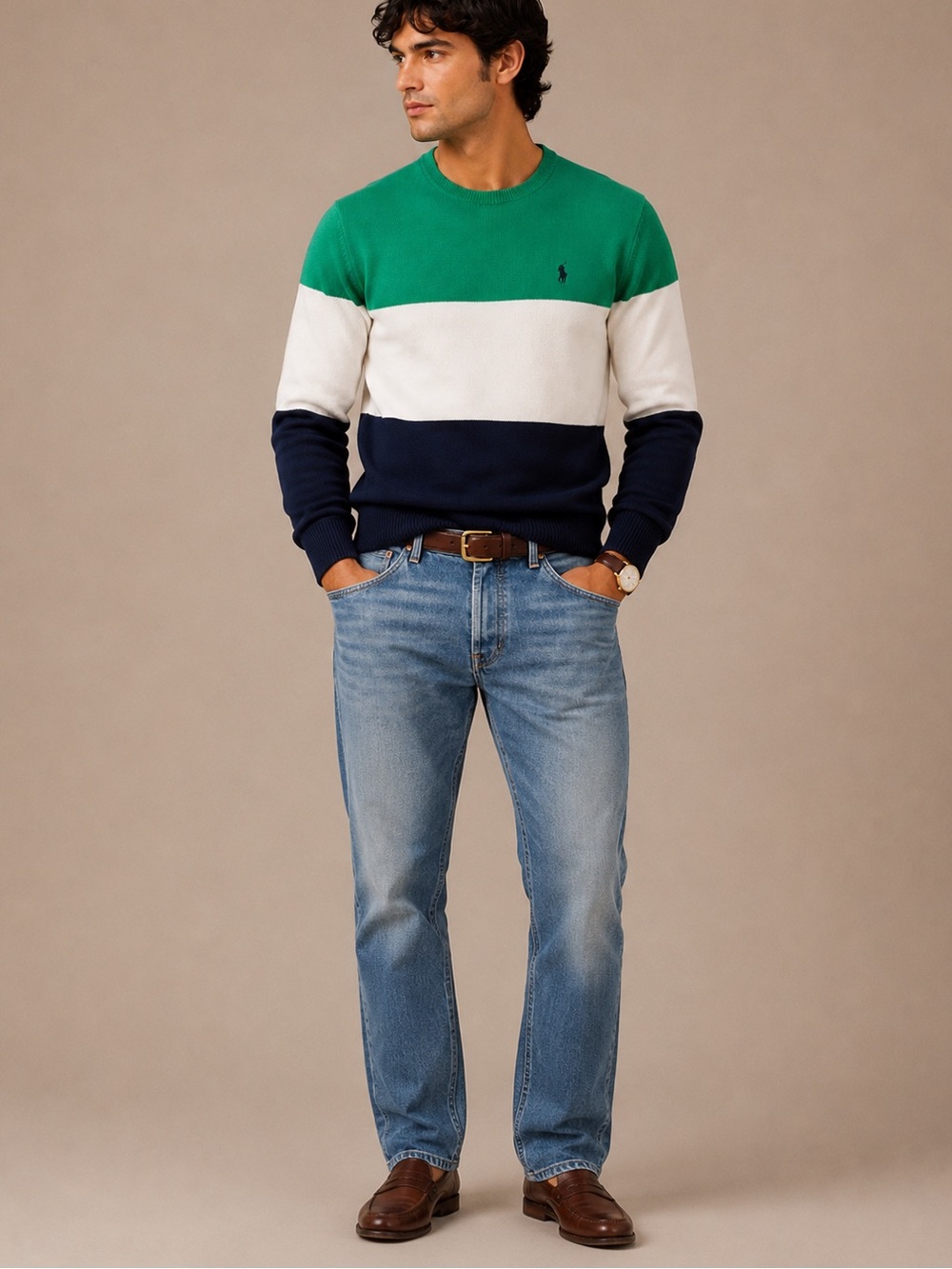 Polo Ralph Lauren Crewneck Pullover Sweater Men’s  Sz M Rugby stripes Green NWOT